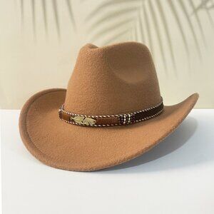 Light Brown Western Cowboy Cowgirl Hat– Gold Feather Braid Band, Felt, Men Women